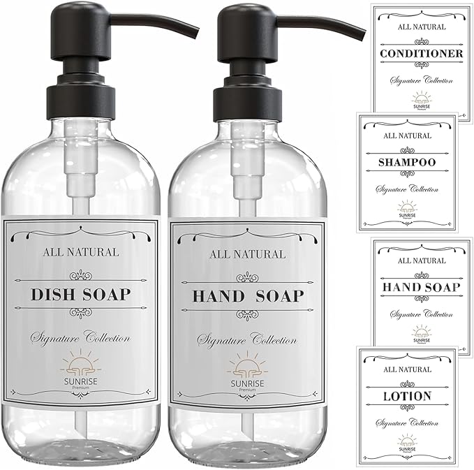2 Pack Clear Glass Soap Dispenser 16 OZ with Matte Black Stainless Steel Pump, Hand and Dish Soap Dispenser Set for Bathroom and Kitchen Sink with 6 Waterproof Labels