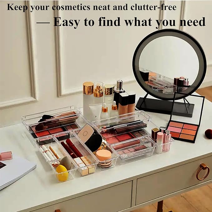 10 Pcs Extendable Clear Drawer Organizer, All Adjustable Vanity Storage Box, 2-Size Desk Drawer Organizer, Durable Storage Bins for Makeup, Cosmetic, Bedroom Dressers Tool Organizer for Gadgets