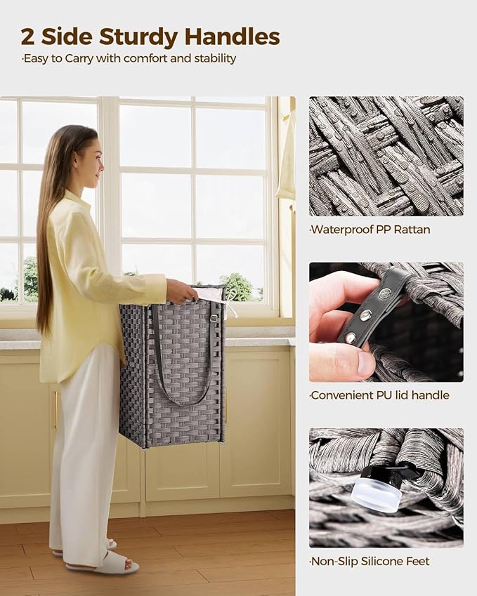Greenstell Laundry Hamper with Wheels, No Install Needed, 110L Divided Handwoven Hampers & 2 Removable Liner Bags, Rattan Clothes Laundry Basket with Lid & Handles, Foldable Hampers Gray 22x13x26.4 In