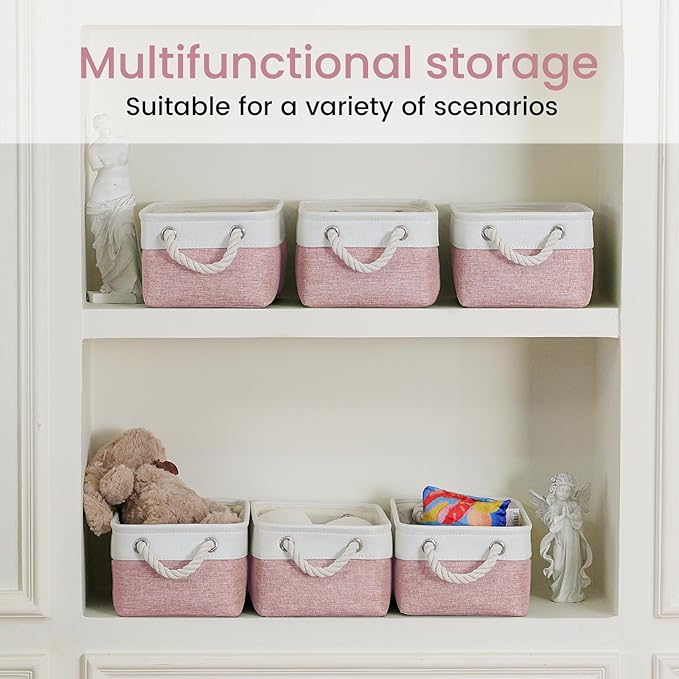 Storage Baskets for Shelves 11.8x7.9x5.2 Inch, Foldable Fabric Storage Bins with Handles, Small Storage Baskets for Organizing Closet, Office, Home Organization (6-Pack, White&Pink)
