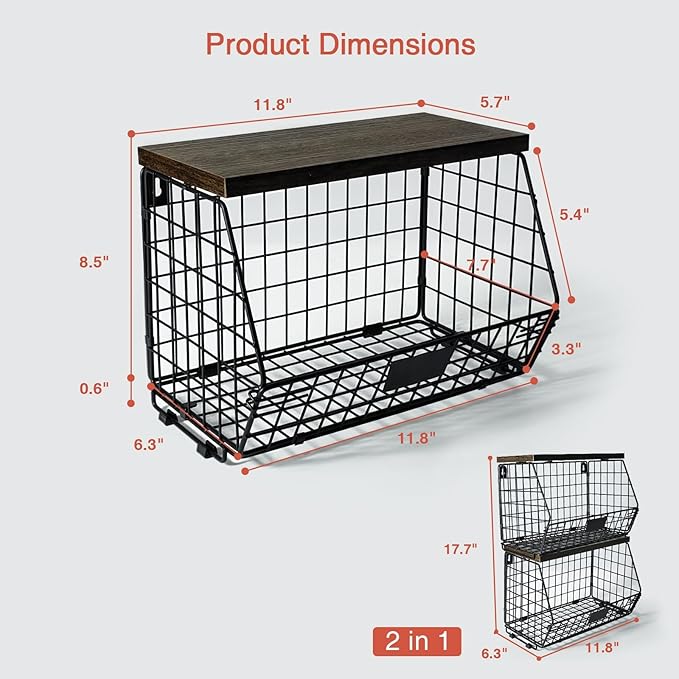 Hanging Wall Fruit Basket for Kitchen Counter 2 Pack, Stackable Wire Baskets for Organizing with Wood Lid, Potato and Onion Storage Bin with Banana Hook for Vegetable Produce, Black + Rustic