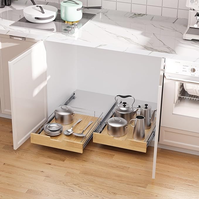 Sikarou Pull Out Cabinet Organizer,Heavy-Duty Slide Out Shelf, Wood And Wire Basket, Pull Out Drawer for for Kitchen Under Sink Space, Pantry, Bathroom (17 * 21 WM)