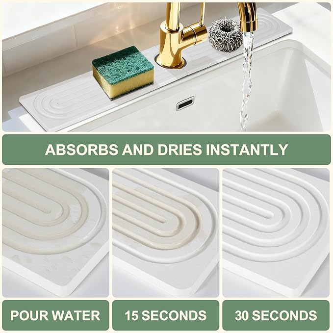 Meiliweser Faucet Mat for Kitchen Sink, Diatomite Quick Drying Stone Mat & Sink Protector, 15.8" x 4" Kitchen Sink Splash Guard, Absorbing Stone Tray for Bathroom Counter (White)