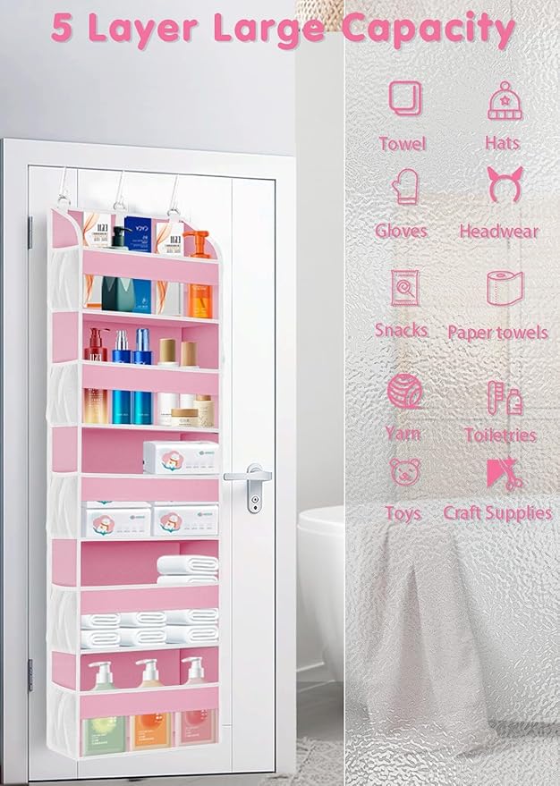 Pink Over the Door Organizer - 5-Tier Hanging Storage with Clear PVC Windows & 10 Mesh Pockets, Cute Closet Organizer for Makeup, Perfume, Toys, Perfect Pink Room Decor for Girl