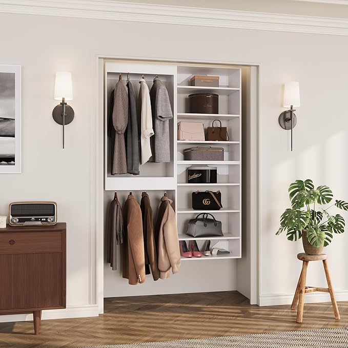 ROOMTEC Modular Closet System, 49" Wall-Mounted Closet Organizer with Hanging Rods and Shelves, Wooden Tower for Walk-In Closets, Wardrobe Storage Kit, White