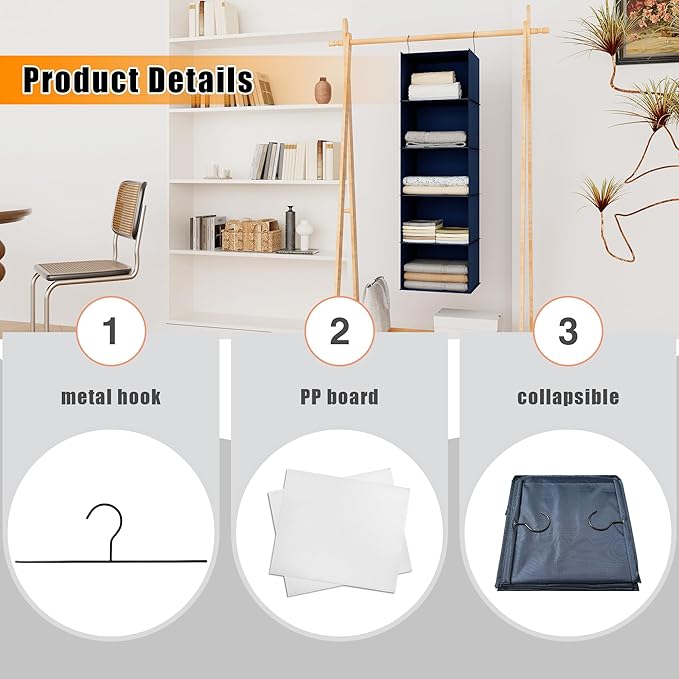 Hanging Closet Organizer and Storage 5-Shelf, Easy Mount Foldable Hanging Closet Wardrobe Storage Shelves, Clothes Handbag Shoes Accessories Storage, Washable Oxford Cloth Fabric, Navy Blue