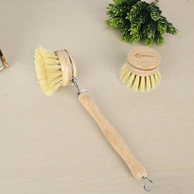 Bamboo Dish Brush with Handle - Soft Bristle, Eco-Friendly Vegetable Brush Scrubber for Food, Compostable & Sustainable, Bamboo Dish Scrubber for Cleaning Kitchen Utensils