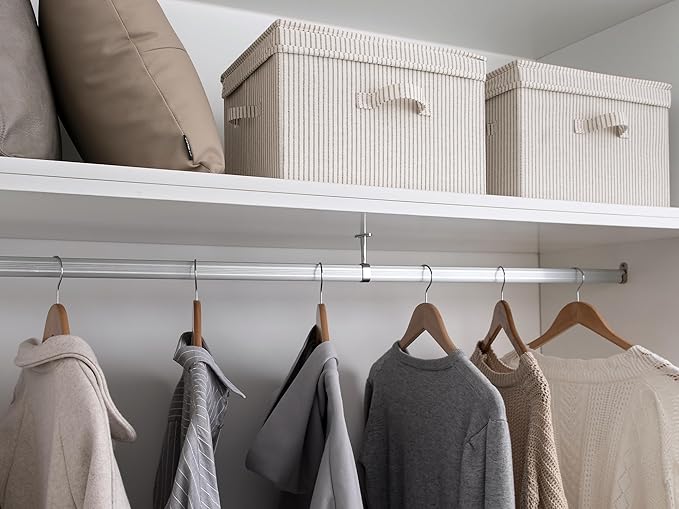 StorageWorks Fabric Storage Bins with Lid, Decorative Storage Boxes for Shelves, Stackable Closet Organizer Basket with Handles, Large, Khaki and Beige Stripes, 2-Pack