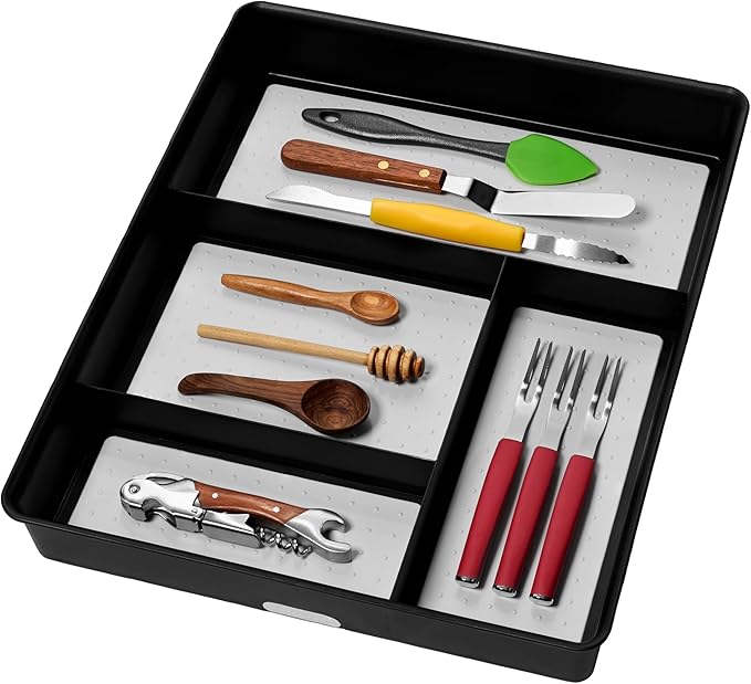 madesmart 4 Compartment Drawer Organizer, Multi Purpose Storage for Utensils, Office Tools, Cords, & Small Household Items, Tech Accessories, Arts & Crafts Supplies, Non Slip Lining, Granite