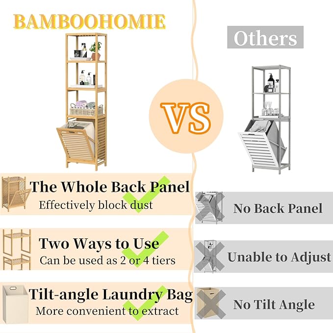 Bamboo Tilt Out Laundry Hamper, 4-Tier Tilt Out Hamper for Laundry with Shelf & Removable Clothes Basket - Can Convert to 2-Tier Pull-Out Laundry Hamper & 2 Tier Freestanding Shelf, Beige