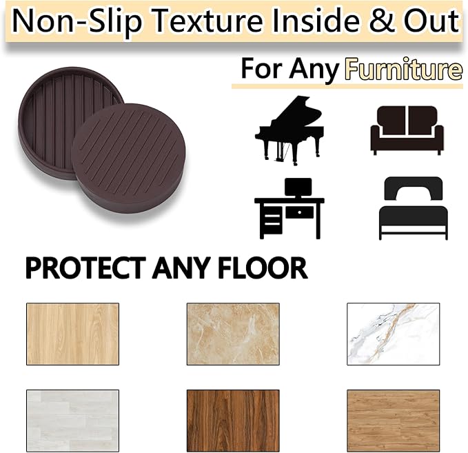 2.5x2.5 Round Rubber Furniture Caster Cups, Anti-Sliding Furniture Pads Bed Stopper Floor Protectors with Grip - Protect Any Flooring