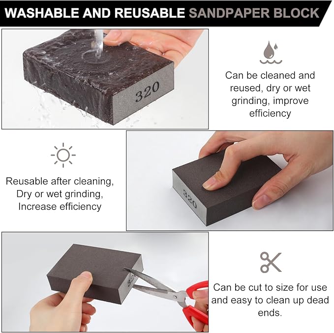 Romeda 8-Pack Sandpaper Block, 320 Grits Washable and Reusable Handmade Sanding Sponge, Drywall Sandpaper Blocks for Wooden Drywall Sheetrock and Metal Glazing