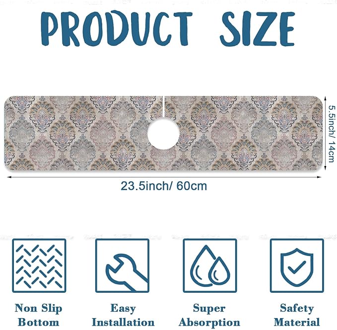 Grey Ceramic Printing Sink Faucet Absorbing Mat Ceramic Texture Super Absorbent Fast Drying Mat Sink Gadgets Behind Faucet Sinkmat for Kitchen Bathroom, 23.5"x5.5"