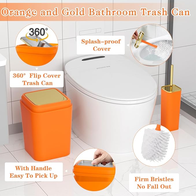 Bathroom Set - Orange Bathroom Sets with Shower Curtain and Rugs, 24PCS Shower Curtain Set with Hooks, Soap Dispenser, Soap Dish, Toilet Brush Holder and Trash Can for Housewarming