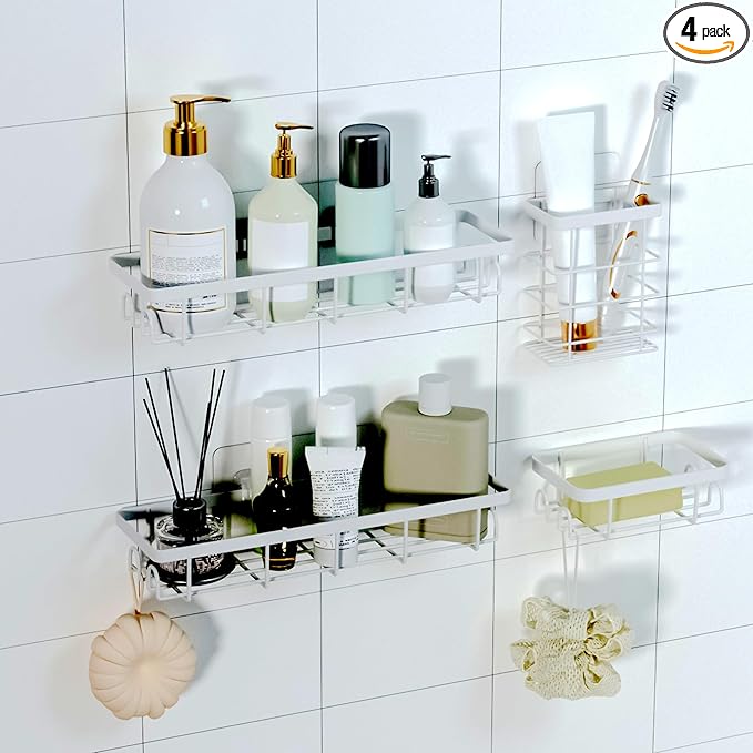 Uninol Shower Caddy Organizer with Hooks,Self Adhesive Bathroom Shelves,No Drilling Bathroom Organizers and Storage,Perfect for RV, Apartment, Home Decor,White 4PCS