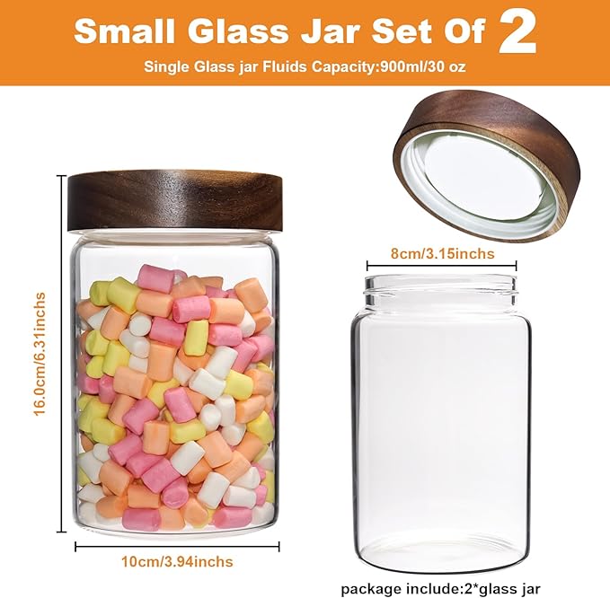 Patoper Airtight Glass Jars with Wooden Lid Glass Spice Jar Round Glass Storage Canister for Pantry Sugar Tea Coffee Bean Nuts Cookies Bath Salts (900ML*2PACK)