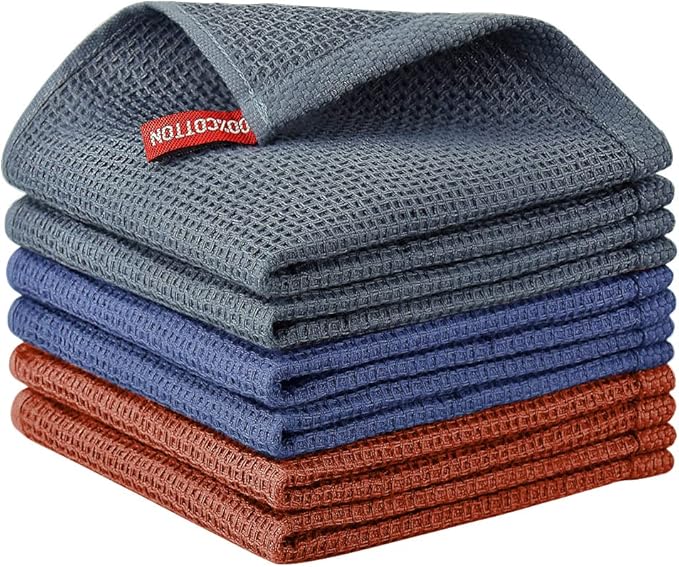 Nialnant 100% Cotton Dish Rags, 6 Pack Waffle Weave Kitchen Towels,Quick Drying Dish Cloths for Washing Dishes 12x12 Inches,Multi Color