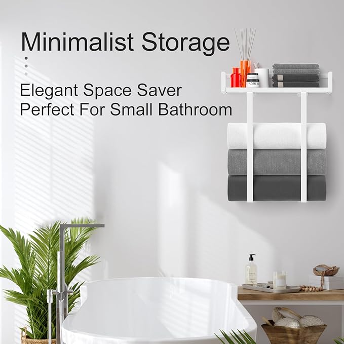 Towel Racks for Bathroom Wall Mounted, Xstydes Metal Towel Holder with Wooden Shelf for Folding Large Towels, Towel Storage for Small Bathroom Organizer Decor or RV Camping,White