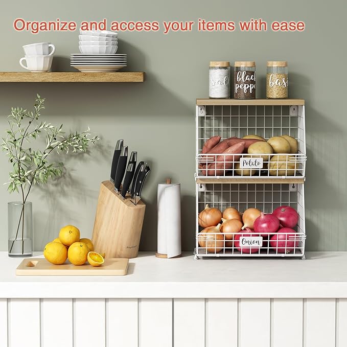 White Fruit Storage Basket for Kitchen Counter Set of 2, Wall Mount Wire Fruit Basket with Shelf with Banana Hanger, Hanging Countertop Organizer for Bathroom Pantry Cabinet, White + Natural