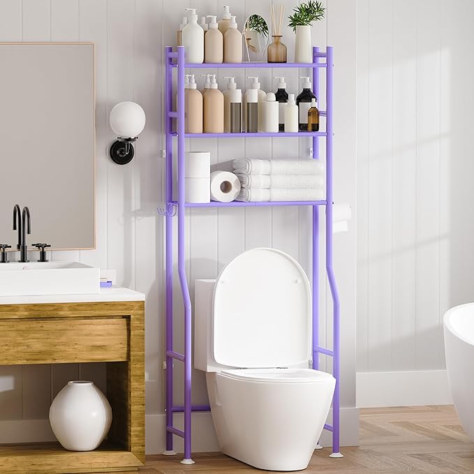 3-Tier Over The Toilet Storage, Space Saver Metal Bathroom Shelves, Freestanding Above Over Toilet Storage Shelf with 4 Hooks for Bathroom, Purple