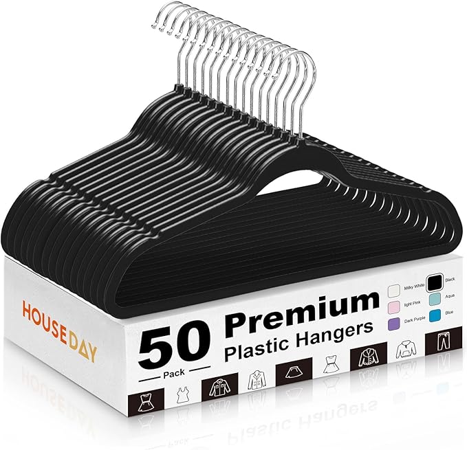 HOUSE DAY Black Plastic Hangers 50 Pack - Heavy Duty Non-Velvet Hangers with 360° Swivel Chrome Hook & Non Slip Notches - Slim Space Saving Clothes Hangers Ideal for Coats Shirts Jackets Dresses