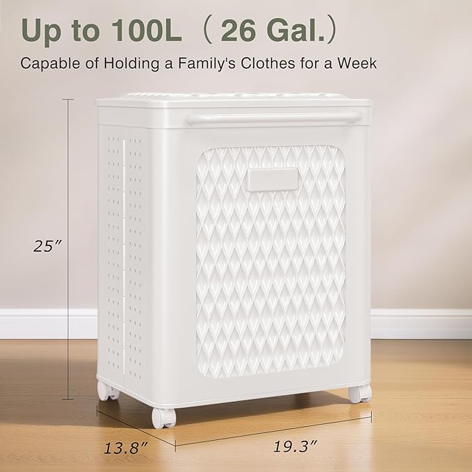 VECELO Rolling Laundry Hamper with Wheels and Lid, Foldable Plastic Laundry Basket with Handle, Rolling Divided Laundry Cart for Small Spaces, Laundry, Bathroom, Bedroom, White