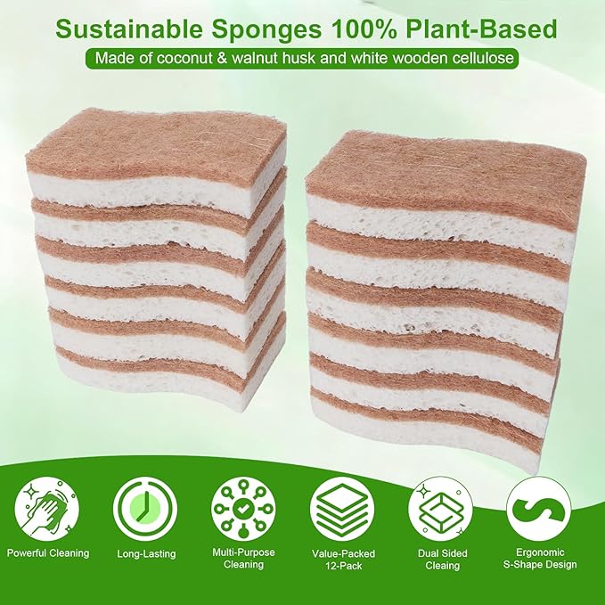 Sponges Kitchen – 12-Pack, Natural sponges for Dishes S-Shaped Dual-Layer for Pots, Pans, Tableware, Durable & Comfortable Grip for Everyday Cleaning