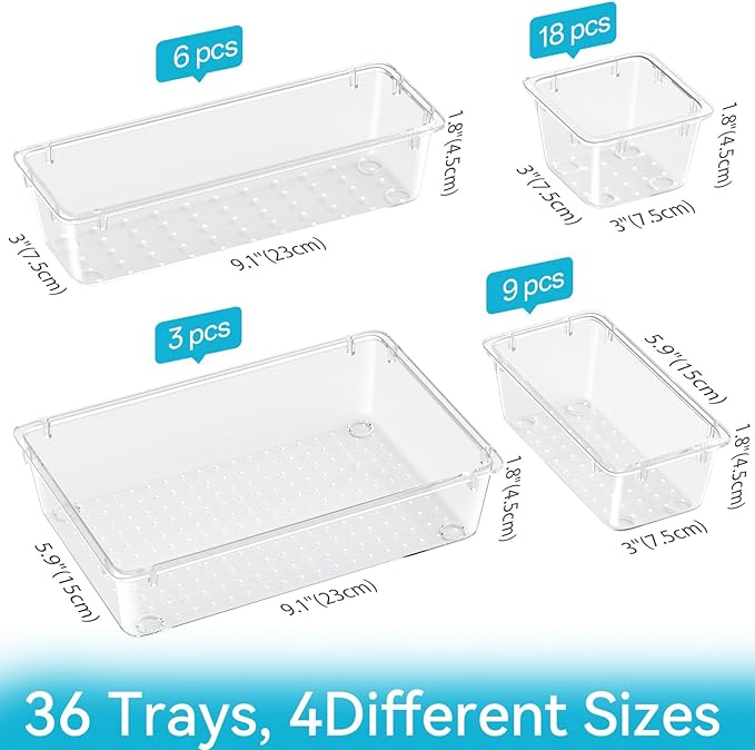 36 PCS Drawer Organizer Set, 4 Sizes Tool Storage Trays, Clear Plastic Makeup Vanity Organizer and Storage Bins for Makeup, Stationeries, Multiple Gadgets for Bathroom, Office, Bedroom