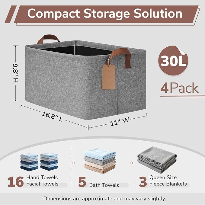 CHICVITA 4 Pack Large Storage Baskets for Shelves, Foldable Storage Bins for Clothes Towels Organization, Toy Organizer Bins for Nursery, Living Room, 16.8" x 11" x 9.8", Gray
