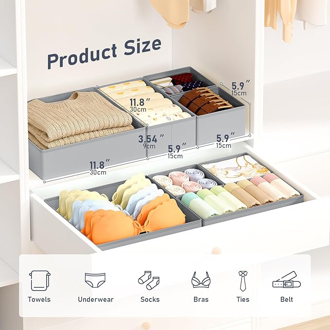 DIMJ Drawer Organizer Clothes, 26Pack Dresser Organizer, Foldable Closet Organizers and Storage, Fabric Dresser Bins, Drawer Dividers for Nursery, Baby Clothes, Underwears, Sock,Gray