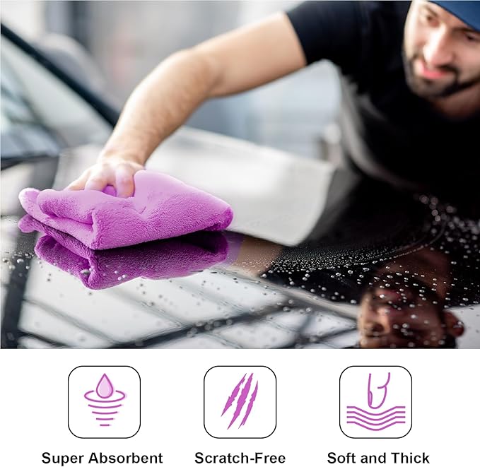 Shimeyao 30 Pcs 16 x 16 Inch Edgeless Microfiber Plush Towels for Cars Detailing Drying Wash Polishing Absorbent Cleaning Cloths, 500 GSM (Purple)