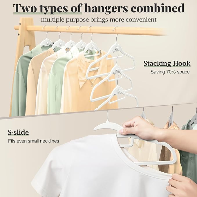 Velvet Hangers 50 Pack, S-Shaped and Stackable Non Slip with 360°Swivel Hook, Ultra Thin and Space Saving Flocked, for Suits, Shirts, Coats, 15Lbs Capacity Heavy Duty, White