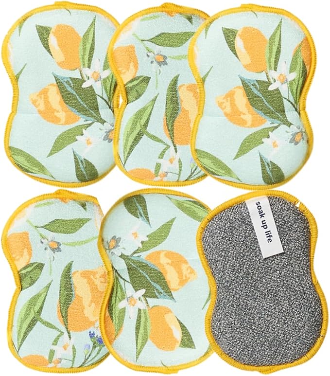 Sponge Set in Lemon Yellow, 6 Pack Super Absorbent Washable Reusable Cleaning Sponges Made from Recycled Materials, Durable Eco Friendly Kitchen Sponges