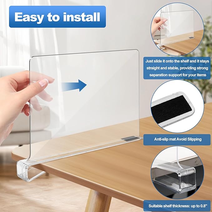 Bgtecho 12 Pack Acrylic Shelf Dividers,Clear Acrylic Divider for Clothes/Purses,Wood Shelf Closet Separators,Shelf Divider Closet Organizer,Shelf Separators in Bedroom Kitchen Office Cabinets Storage
