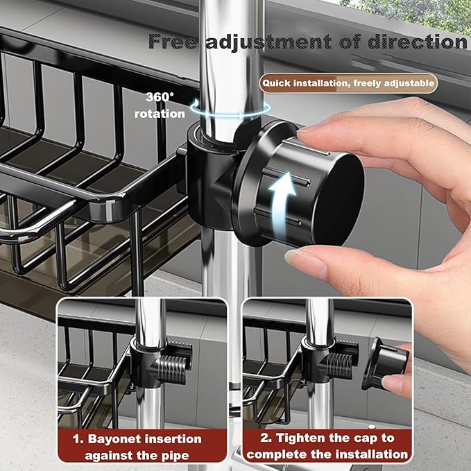 Sink Organizer Rack for Kitchen and Bathroom, 2025 New Stainless Steel Detachable Hanging Faucet Drain Rack with Drip Tray Faucet Sponge Holder for Bathroom, Scrubbers, Soap (Black, Left)