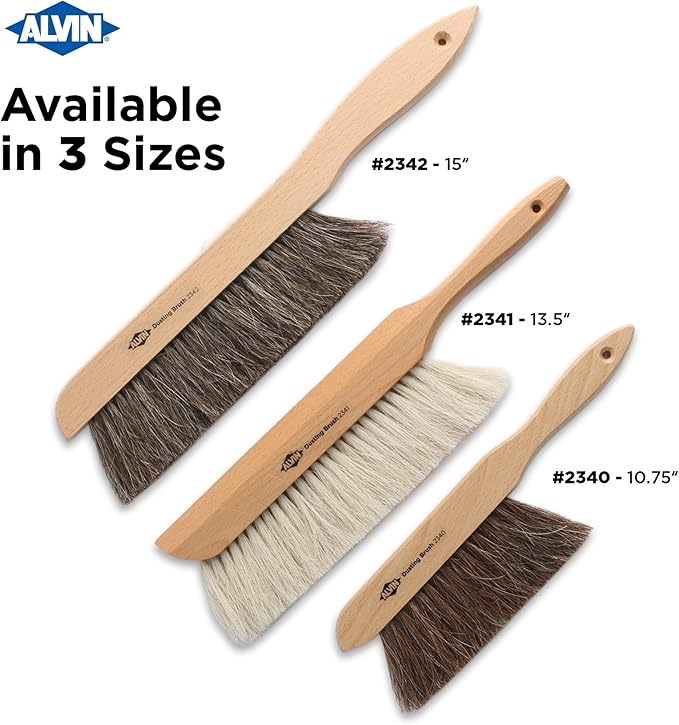 ALVIN 2342 Comfort Curve Dusting Brush, 100% Horsehair and Wood Handle, Art, Drafting, and Architecture Cleaning Tool, Great for Students, Hobbyists, and Professionals - 15 Inch