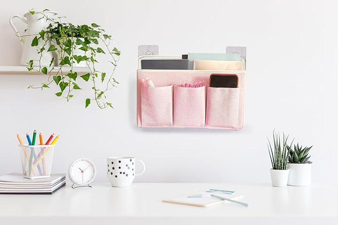 Someteth 2-Pack Wall Hanging Organizer Bag/Hanging Baskets with Large Mesh Compartment & 3 Pockets，Over the Door Hanging Organizer Space Saving Storage for Bedroom,RV Camper, Closet (Pink -2 Pack)