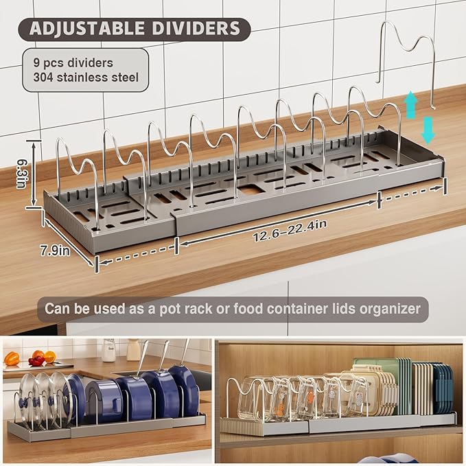 Expandable Food Storage Container Lid Organizers, 22" Pots and Pans Organizer Under Cabinet with 9 Adjustable Dividers Pot and Pan Lid Holders Rack Inside Cabinet(Gray,1 Pack)