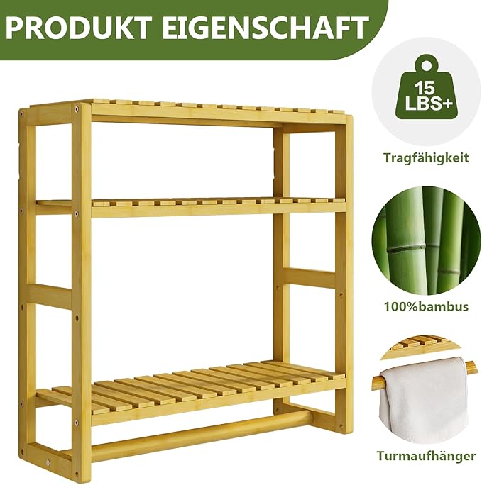 Over The Toilet Storage Bathroom Shelves Wall Mounted 3 Tier Space Saver Corner Shelf Organizer Bamboo Towel Rack Toilet Paper Cabinet with Hanging Rod Yellow