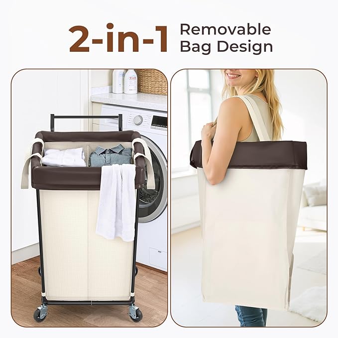 160L Laundry Hamper with Wheels and Handle, 2 Section Large Rolling Laundry Basket Bag with Wheels, Clothes Hamper Cart for Laundry, Bedroom, Bathroom and Dorm