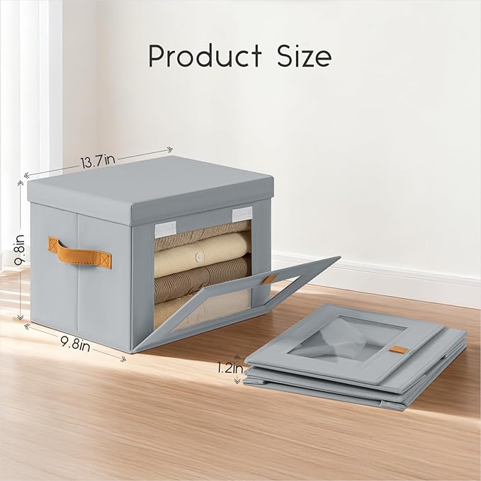 Small Fabric Storage bins - Collapsible Storage Bins with Open Window, 6 Pack Closet Baskets for Shelves, Stackable Decorative Boxes for Home, Dorm, Grey, 13.7"x 9.8" x 9.8"