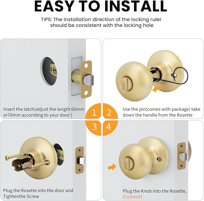 Goldenwarm Gold Interior Door Knobs, Bedroom Door Knob, Door Knobs Interior Bulk, Brushed Gold Privacy Door Knob for Bedroom or Bathroom(1 Pack)