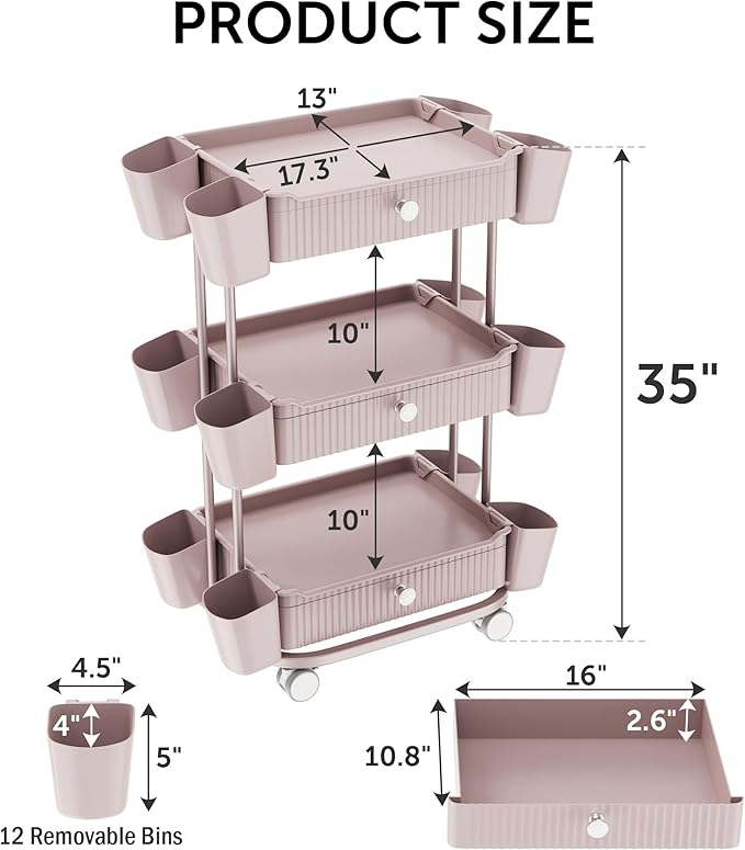 3 Tier Drawer Shelf Beauty Cart with 12 Movable Storage Organizer, Thickened Durable ABS, 360° Wheels for Salon Station for Hair Stylist, Beauty Salon, Spa Massage Parlor, Makeup Organizer - Pink