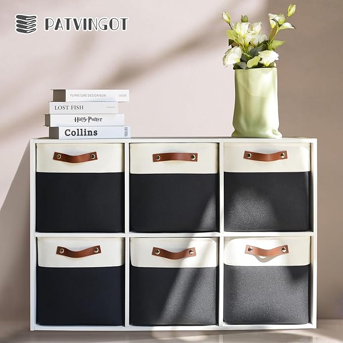 6-Pack Foldable Fabric Storage Cubes 11x11 Inch, Sturdy Cube Organizer Bins with Leather Handles, Storage Baskets for Closet Shelves and Home Organization(White/Black)