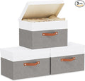 YheenLf Storage Bins, Storage Baskets with Lids, 17.7 x 11.8 x 11.8 Inch Closet Organizer Boxes with Double Handles, White and Grey, 3-Pack