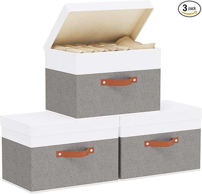 YheenLf Storage Bins, Storage Baskets with Lids, 17.7 x 11.8 x 11.8 Inch Closet Organizer Boxes with Double Handles, White and Grey, 3-Pack