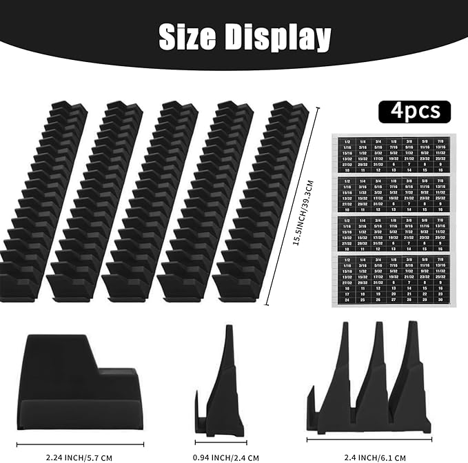 80 Pcs Modular Wrench Organizer Holder Set with Metric & SAE Labels, Wrench Rack for Toolbox Drawer Storage, Includes 9-Grid Clear Parts Box (Black)