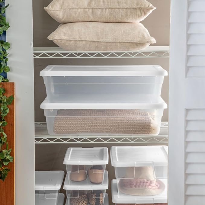 Sterilite 20 Pack Storage Box, 28 Quart Stackable Tote, Clear Plastic Container with Secure Snapping Lids for Home and Office Organization, White