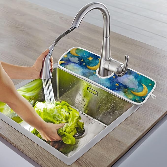 Sink Faucet Absorbing Mat Kitchen Sink Splash Guard Splash Faucet Drip Catcher for Bar RV Bathroom 2PCS 23.6x5.5in Watercolor Moon Star Green