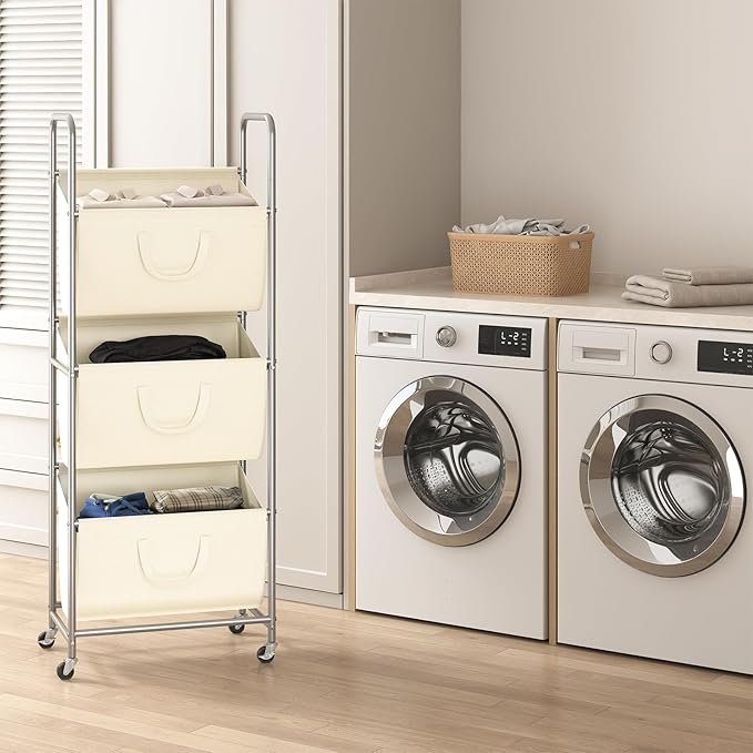 ELYKEN 120L Vertical Rolling Laundry Hamper with Removable Bags, 3 Section Laundry Baskets with Wheels, Space-Saving 3 Tier Laundry Sorter for Small Spaces, Dorm, Bedroom, Bathroom, Laundry Room